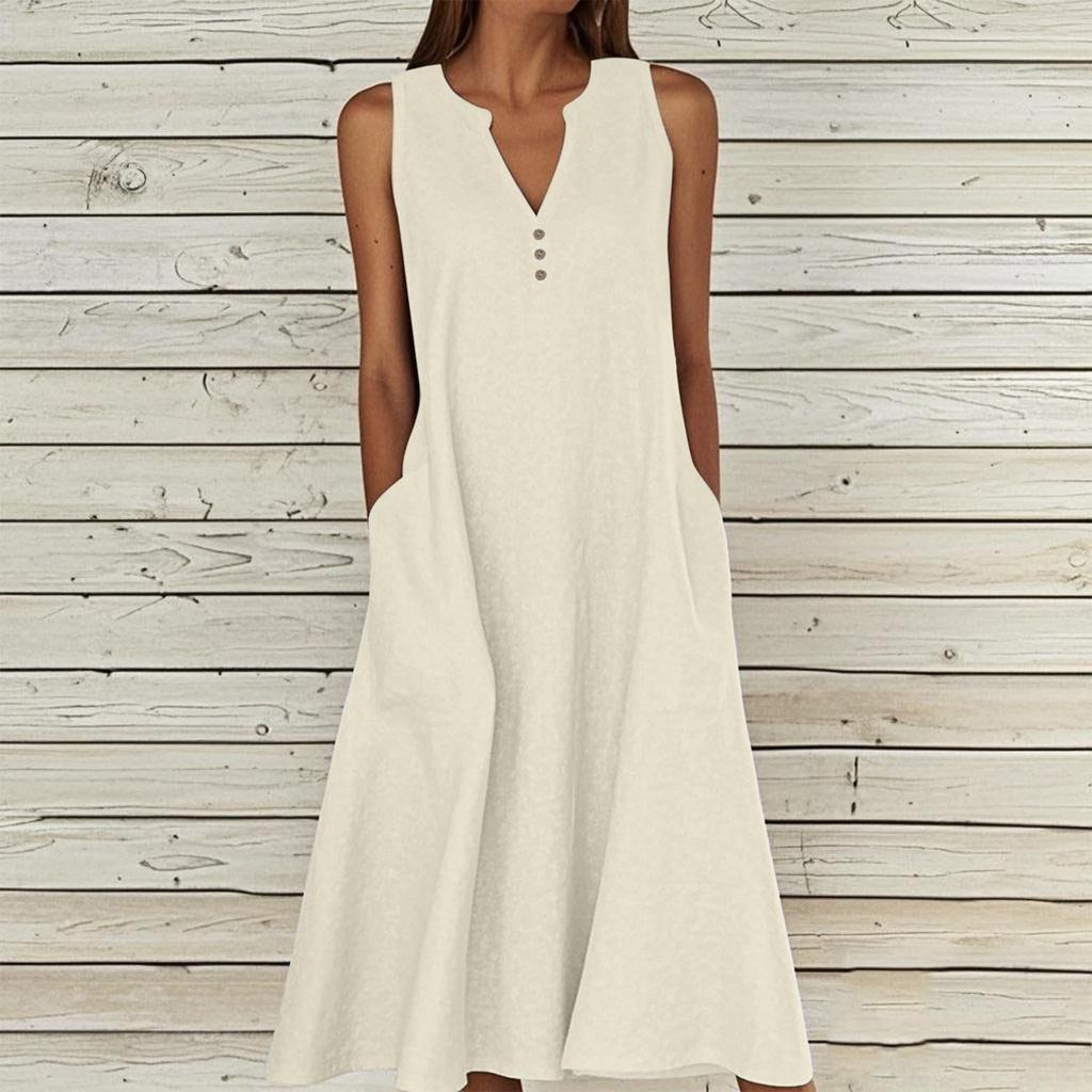 Women's Summer Casual V-neck Button Solid Color Sleeveless Long Dress With Pockets