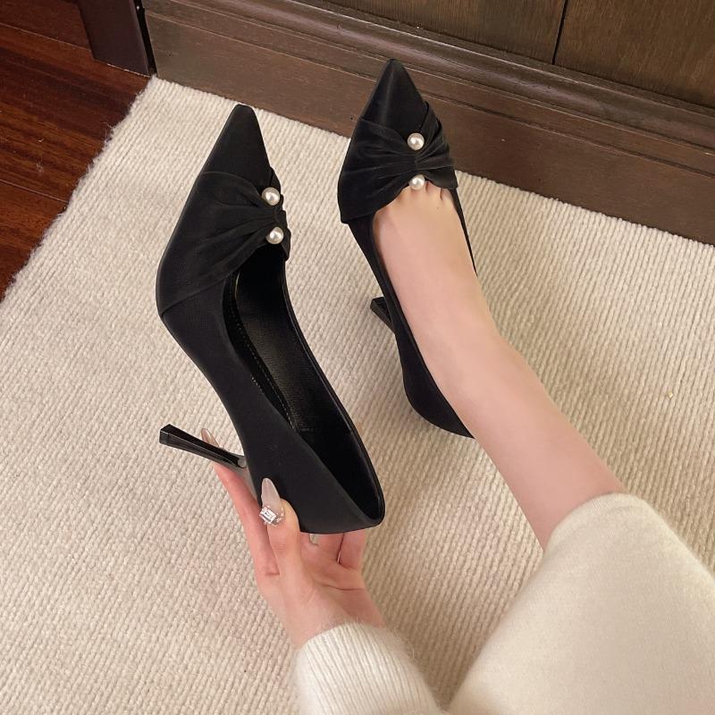 High Heels, Single Shoes, Women's Pointed Bow, Pearl, Shallow Mouth, Slim Heel, Elegant Banquet, Hundred Matching Dresses