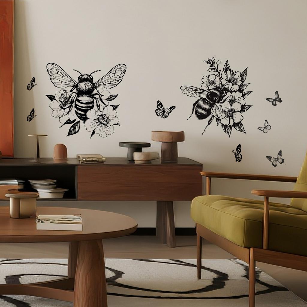 Bee Butterfly Floral Toilet Wall Sticker Self-Adhesive Waterproof Removable for Bedroom Living Room Background Wall Home Decor Art