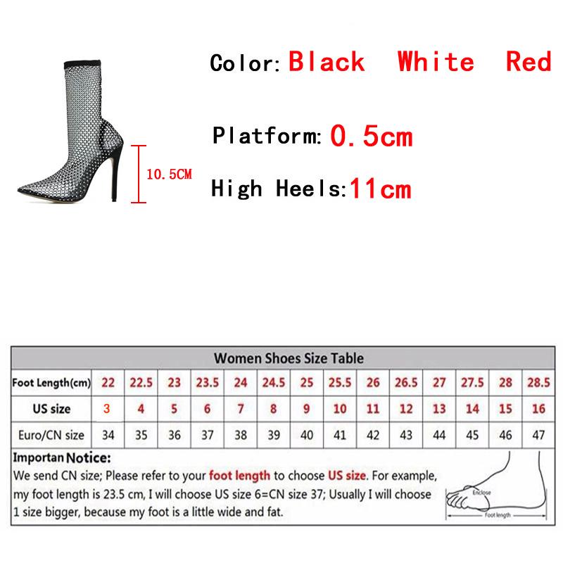 Fashion Fashion Crystal Rhinestone Mesh Summer Boots Women Sandals PVC Transparent Pointed Toe Female Shoes High Heels Pumps Black White
