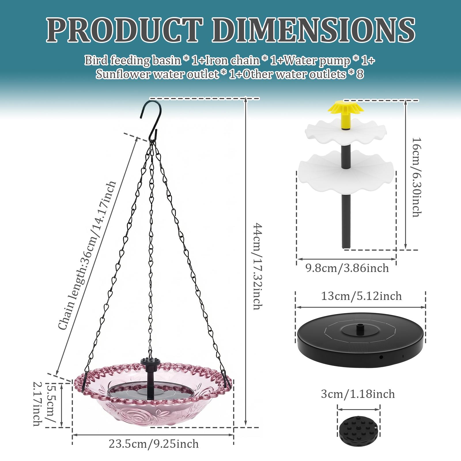 

Hanging Bird Bath Garden Bird Feeder Outdoor Bath Tray with Solar Fountain Decorative Hummingbird Water Drinker Pet Supplies
