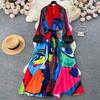 Palace Style Round Neck Print Lantern Sleeve Loose Dress