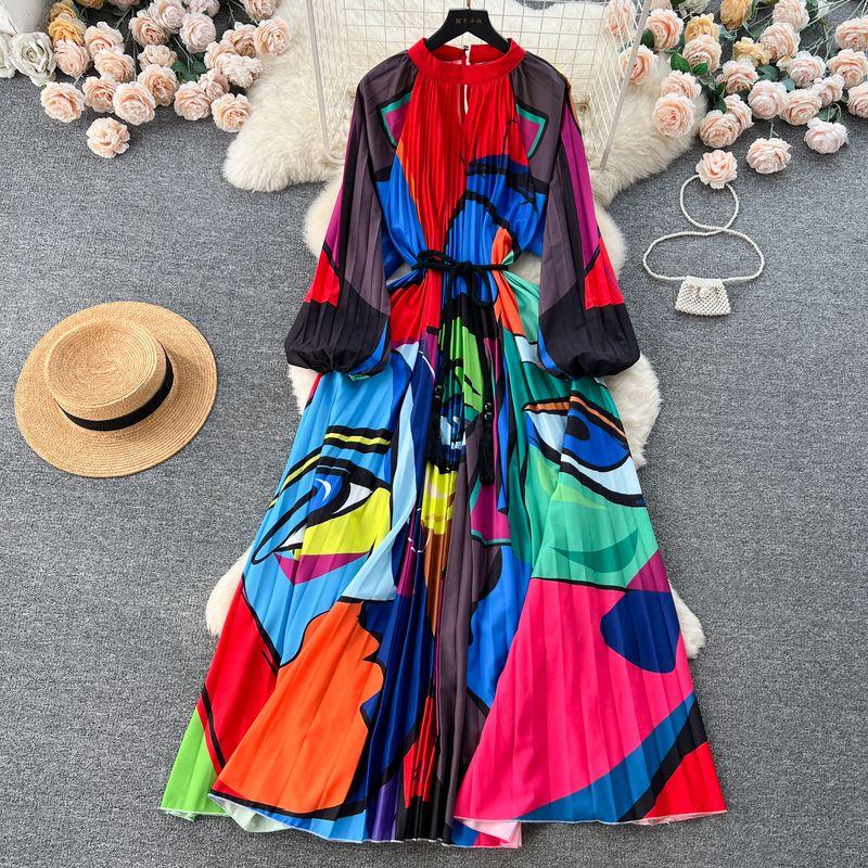 Palace Style Round Neck Print Lantern Sleeve Loose Dress
