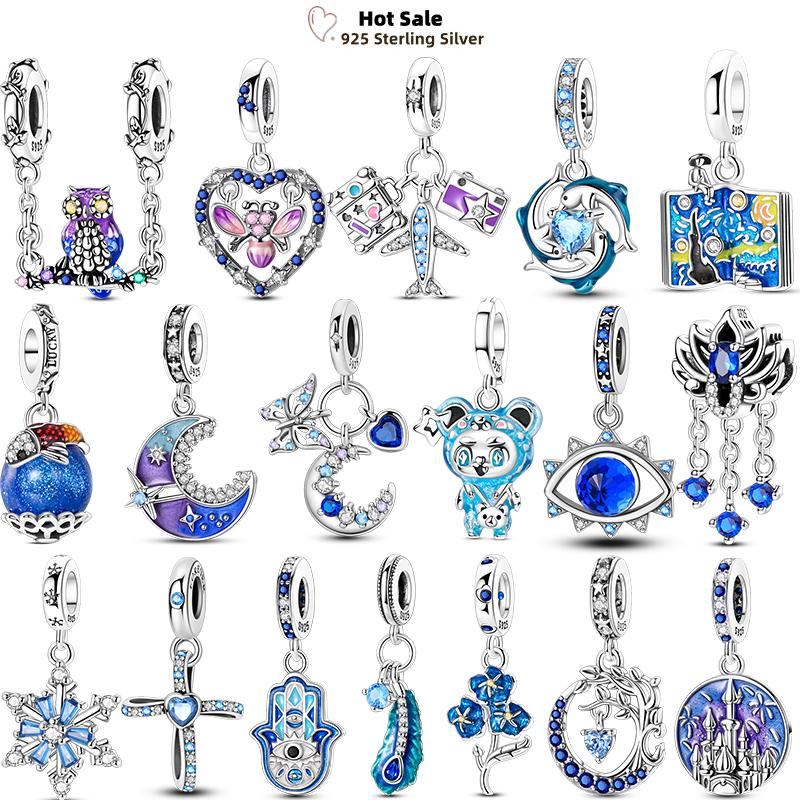 Blue Zircon Series Charms Copper Snowflake Flower Owl Dolphin Castle Winter Beads Fit Bracelet Diy Charm Jewelry Making Gift