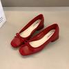 Fashion Elegant Red Ballerinas Women Pumps Slip On Loafers Round Toe Square Heels Bowknot Casual Spring Autumn Low Heel Shoes