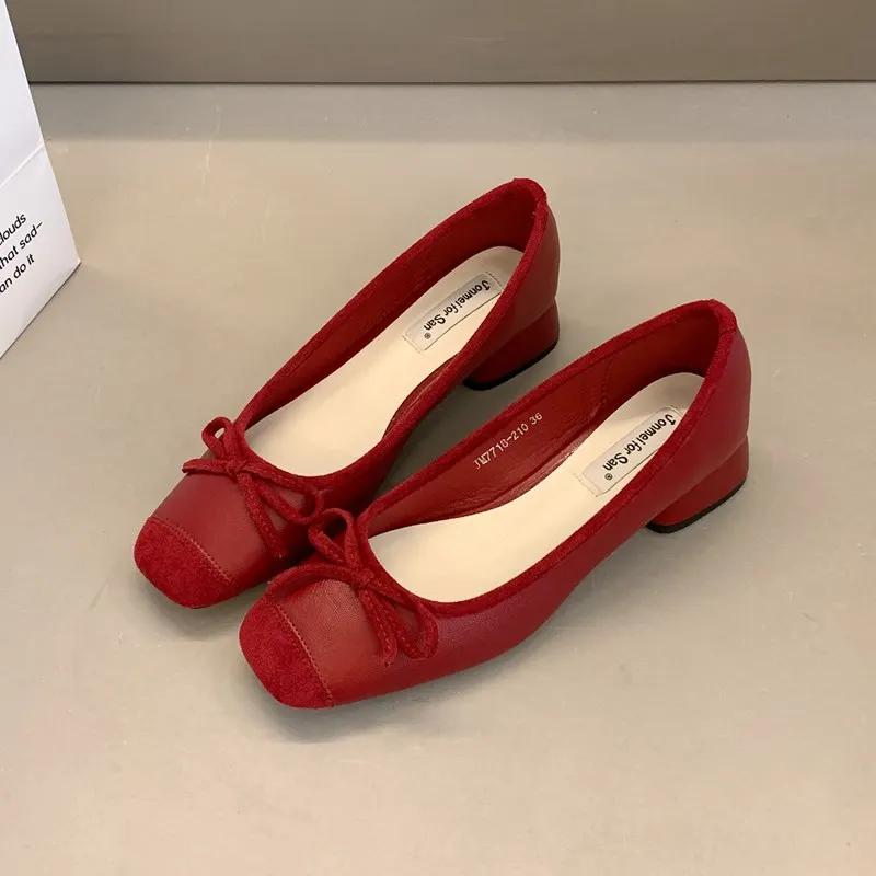 Fashion Elegant Red Ballerinas Women Pumps Slip On Loafers Round Toe Square Heels Bowknot Casual Spring Autumn Low Heel Shoes