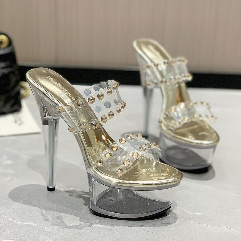 Mote Sommer Ny spiss tå Gjennomsiktig Vanntett Plattform Stiletto Mote Catwalk Superhøyhælte enkeltsko for kvinner Sandaler
