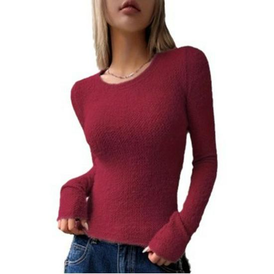2024 Women's Solid Color Woolen Crew Neck Long Sleeve Autumn/Winter Top