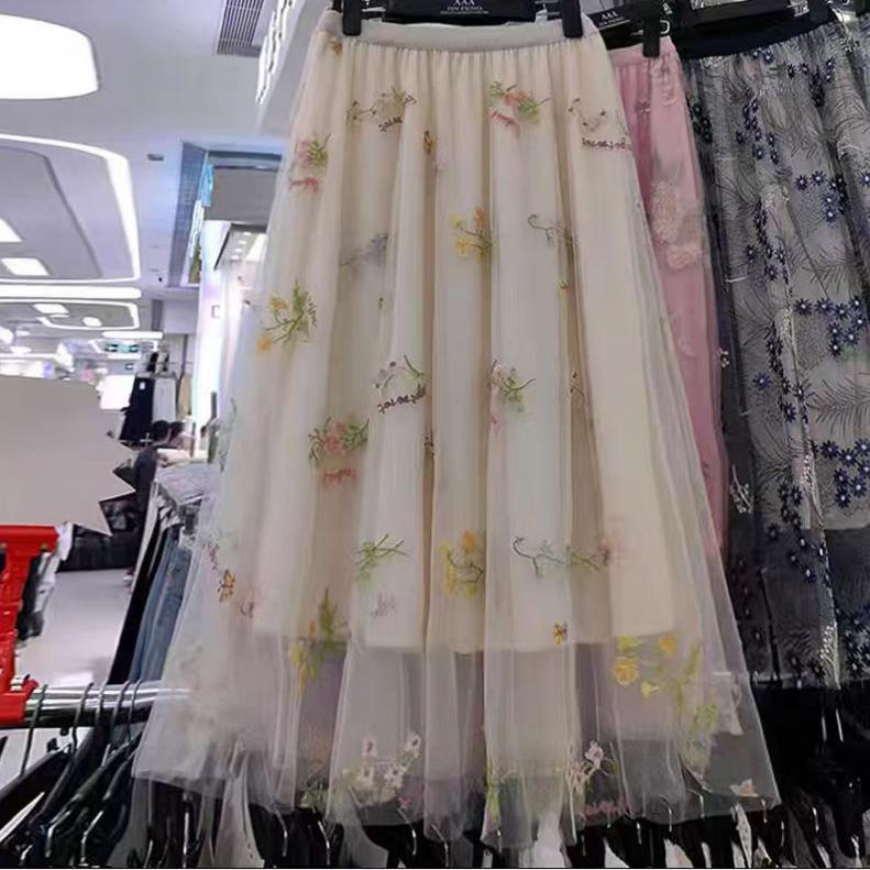 Embroidered Floral Mesh High-Waist A-Line Mid-Length Skirt for Women