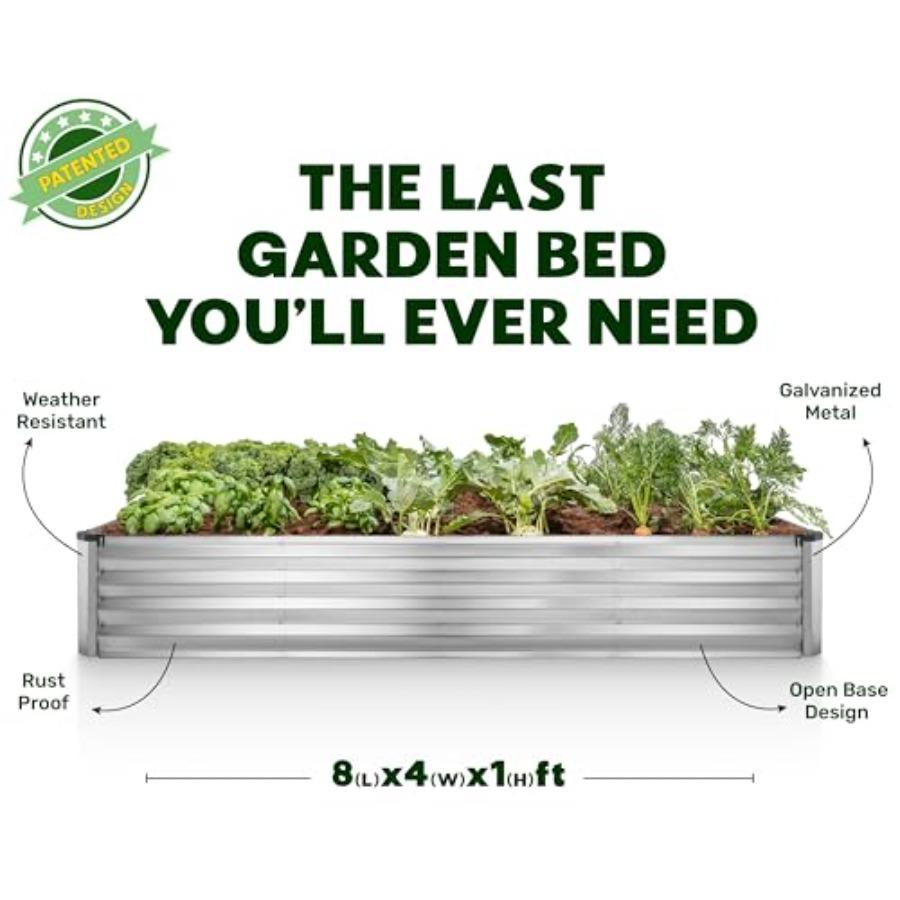 Galvanized Raised Garden Beds Outdoor 8×4×1 Ft Planter for Vegetables Flowers Silver Large Metal Garden Box Patented Tool-Free