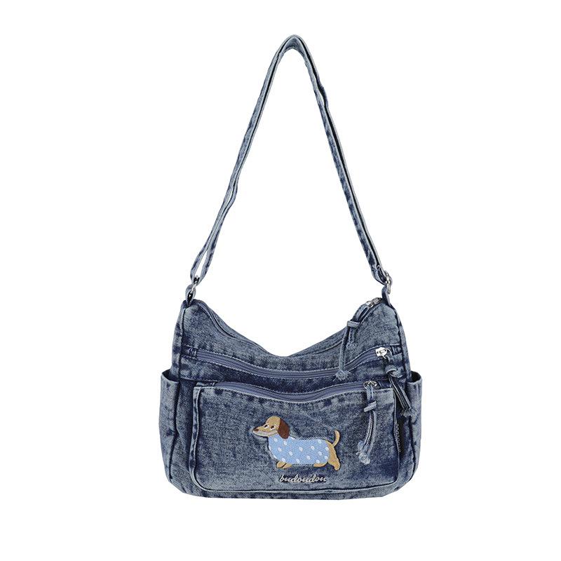 Denim Vintage Shoulder Bag Women Embroidered Cat Crossbody Bag