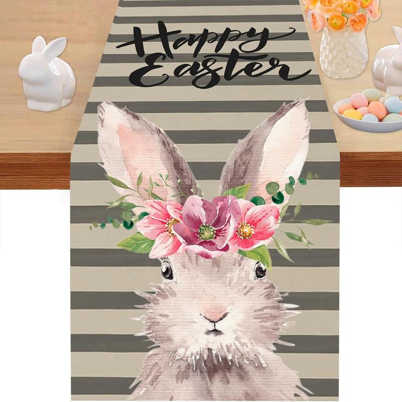 New Linen Happy Easter Table Runner Egg Rabbit Easter Tablecloth Bunny Placemat Dining