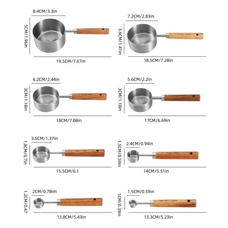 8-Piece Stainless Steel Measuring Cups & Spoons Set with Acacia Wood Handles for Baking & Coffee Seasoning