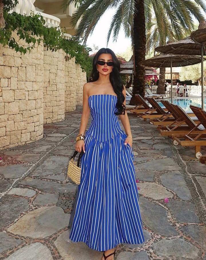 2026 European and American new dress, striped print chest wrap waist sexy pendulum dress S синий