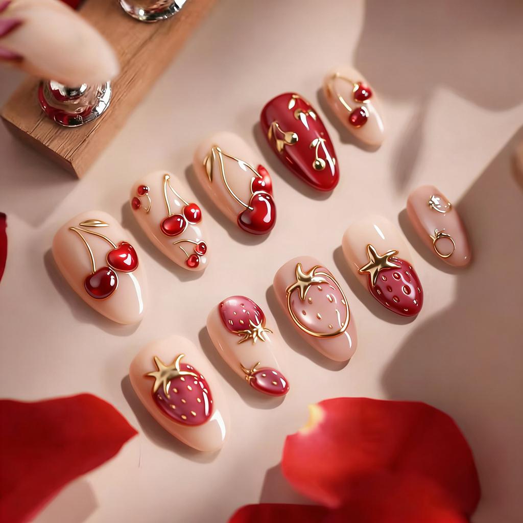 24PCS Colorful 3D Cherry Flowers Almond False Nails with Glue Leopard Print French Press on Nails Full Cover Golden Heart Nails