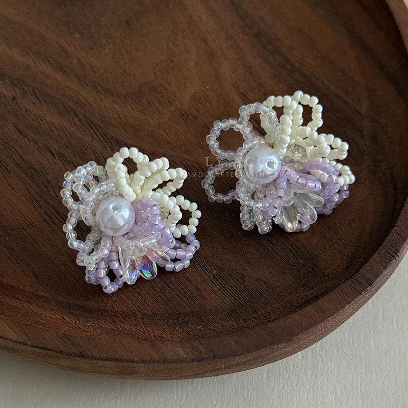 Super Fairy French Handmade Beaded Flower Cluster Earrings Girl Magic Crystal Earrings Niche High-end Sweet Romantic Earrings