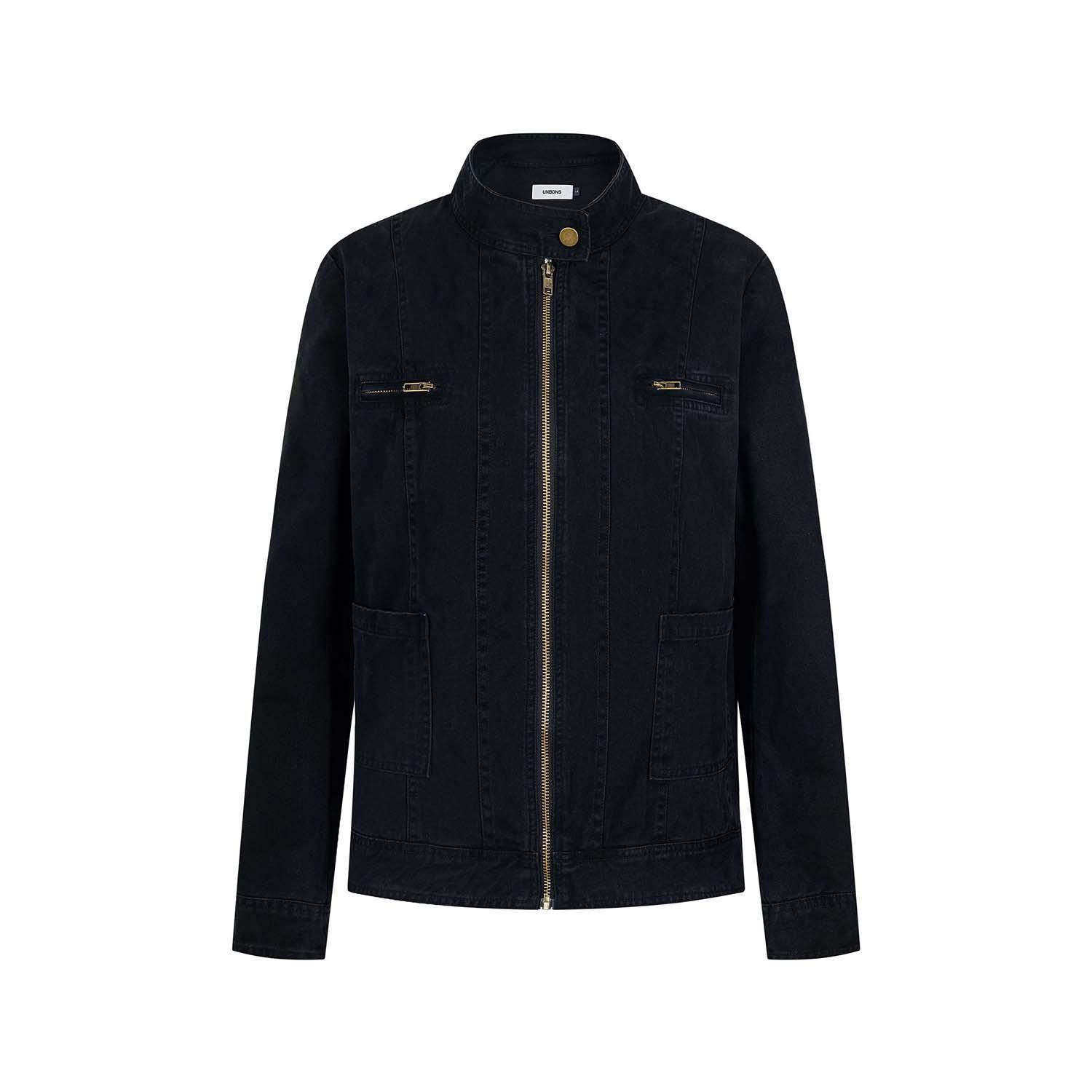 

Женская джинсовая куртка UNBDNS в стиле ретро для начала осени - Потертый воротник-стойка, короткая прямая линия плеча, приталенный силуэт Small чёрный