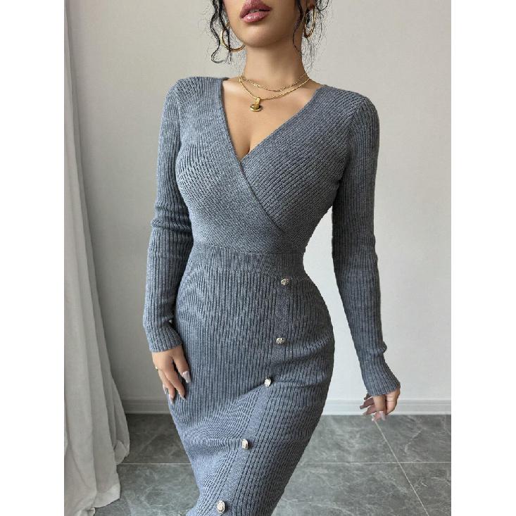 Dámský pletený zavinovací svetr s vysokým pasem, bodycon základní vrstva, spodní prádlo, středně dlouhý, s výstřihem do V, dlouhý rukáv, polyester, podzim zima