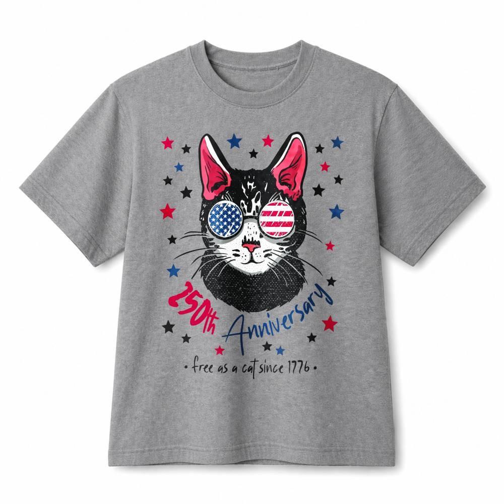 250th Anniversary Patriotic Cat USA Flag Sunglasses Retro Cotton T-Shirt Unisex S