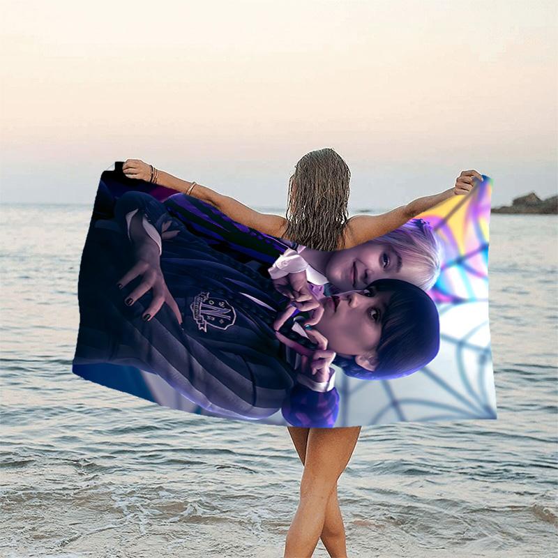 1pc Addams Family Wednesday9 Beach Towel, Sports Cape, Beach and Seaside Swimming Pool Equipment, Fashion Pattern, Rectangular, Travel Essentials