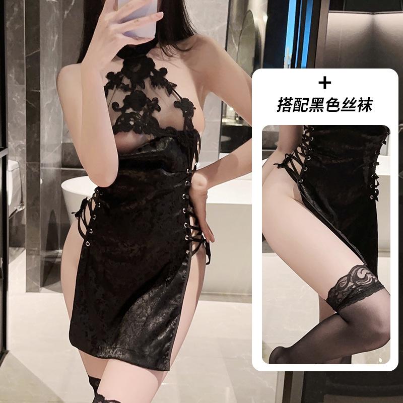 Sex underwear pure desire cheongsam neck temptation passion hollowed out leaking back strap high split fork free uniform women's suit