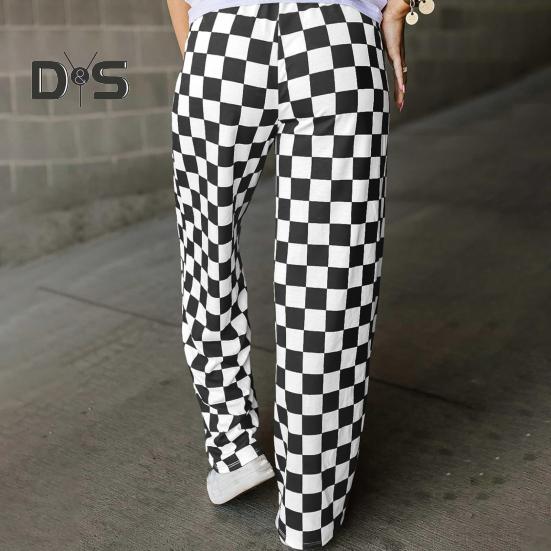 Damenhose, elastisch, hohe Taille, karierter Druck, weites Bein, Freizeithose, lockere Passform, Hose für Urlaub, Arbeit, Alltag