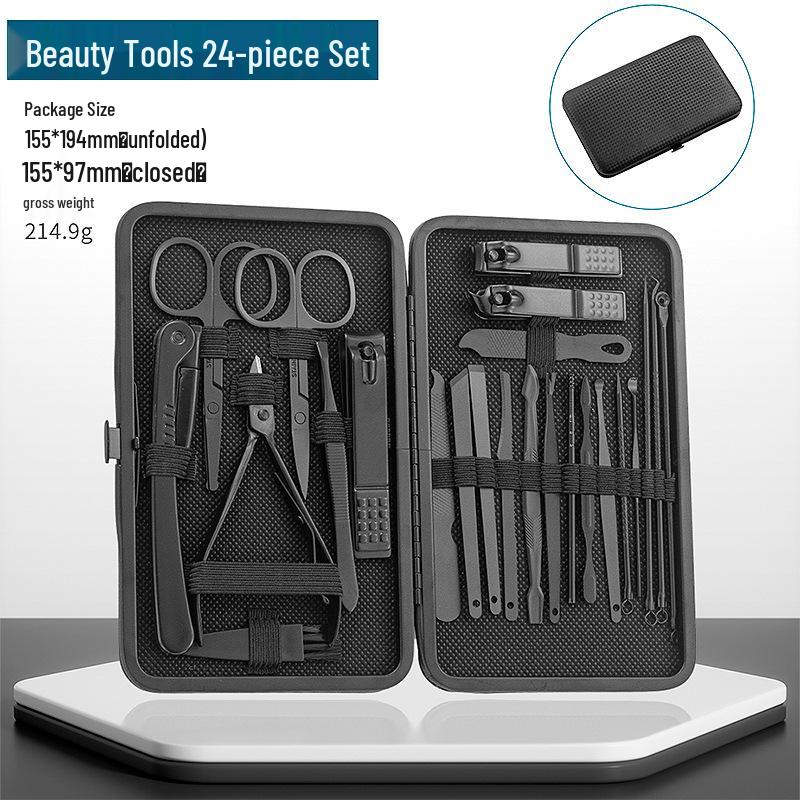 24-Piece Manicure Set: Black and Red Nails, Ear Pick, Oblique Clippers, Nose Hair Scissors, Tweezers