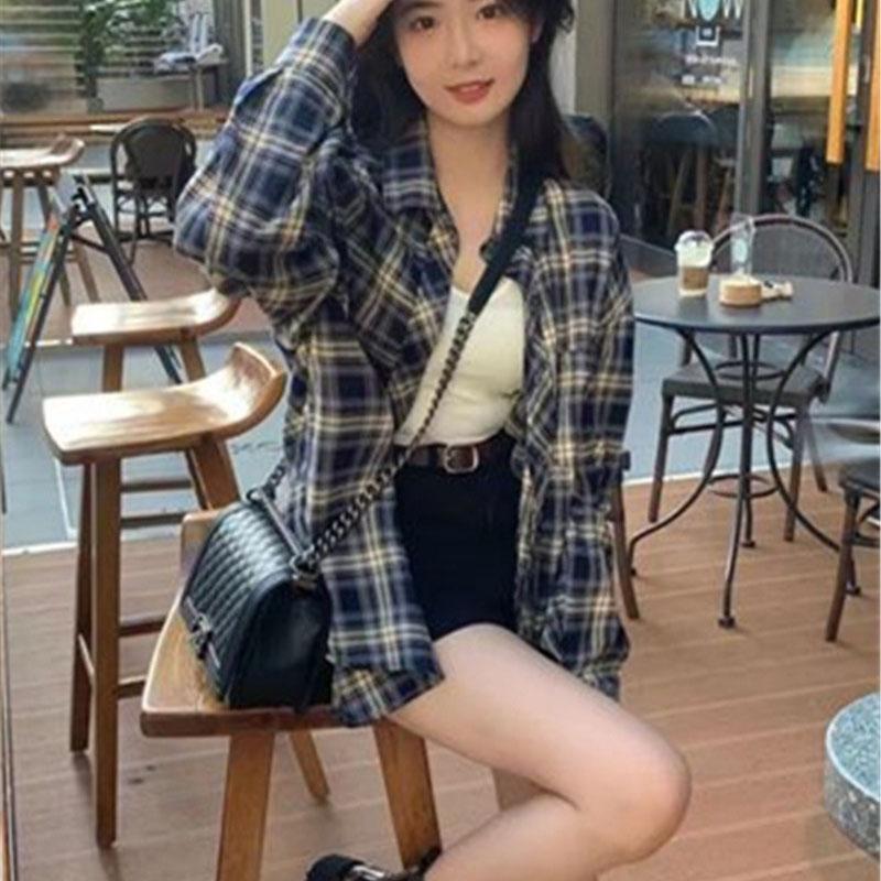 Vintage Rutig Dam Skjorta Chic Topp Jacka Vår Tunn Ytterkläder Blus för Damer
