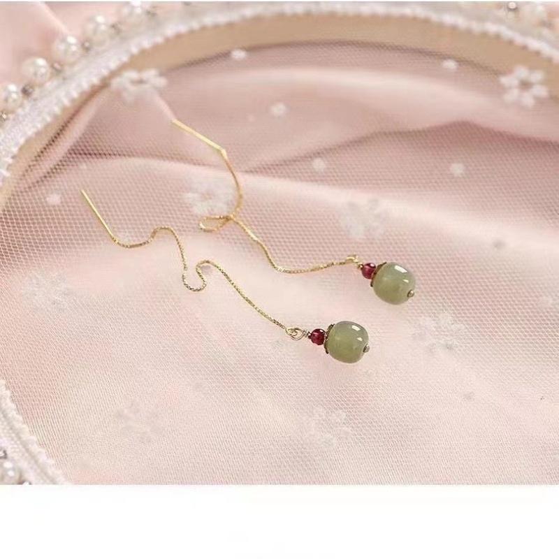 Gold Color Hetian Jade Earrings for Women Girl Simple Temperament Green Round Ear Line Jewelry Girls Gift Dropshipping Wholesale