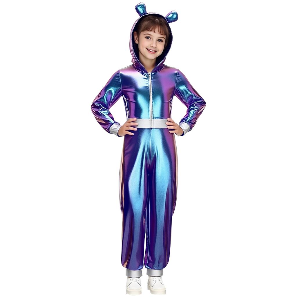 Mädchen Alien Halloween Kostüm Metallischer Glanz Kapuze Langarm Reißverschluss Vorne Jumpsuit Kostümparty Outfit