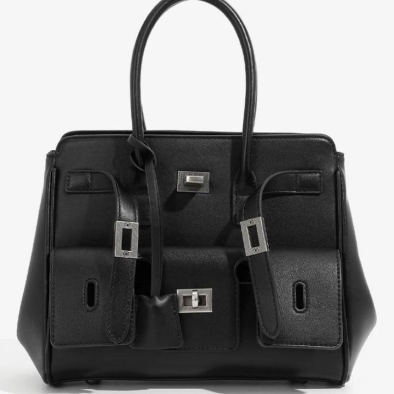 Large Capacity Tote Bag Women Men Soft Leather Paper Shoulder With 3D Exterior Pocket Minimalist Unisex Style