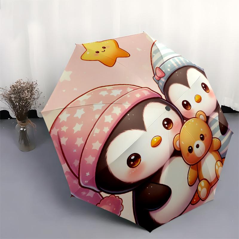 1pc Penguin Family with Teddy Bear Umbrella with Plastic Handle,Suitable for All Seasons Home Travel Outdoor UmbrellaDD1030