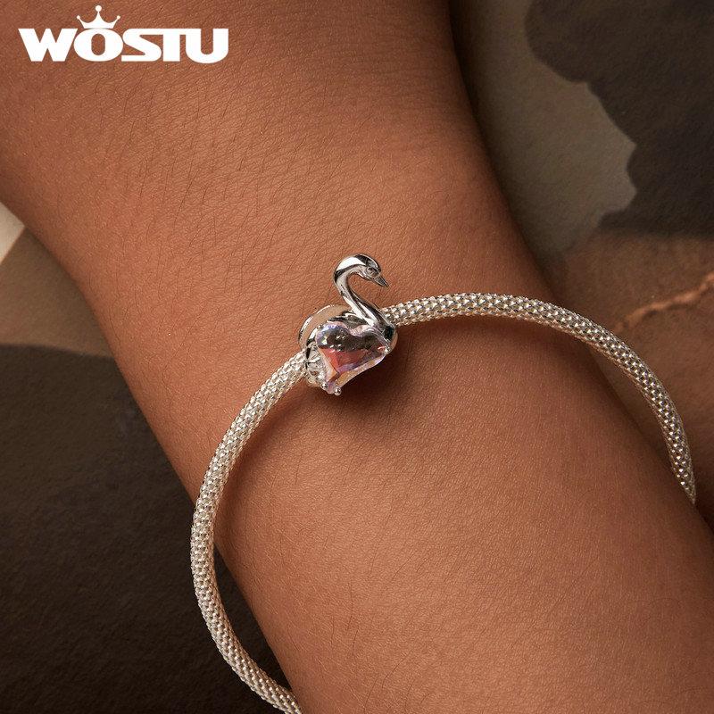 WOSTU 925 Silver Different Side Enamel Hummingbird Charm Heart Glass Bird Body Peacock Beads Fit Original Bracelet Gift