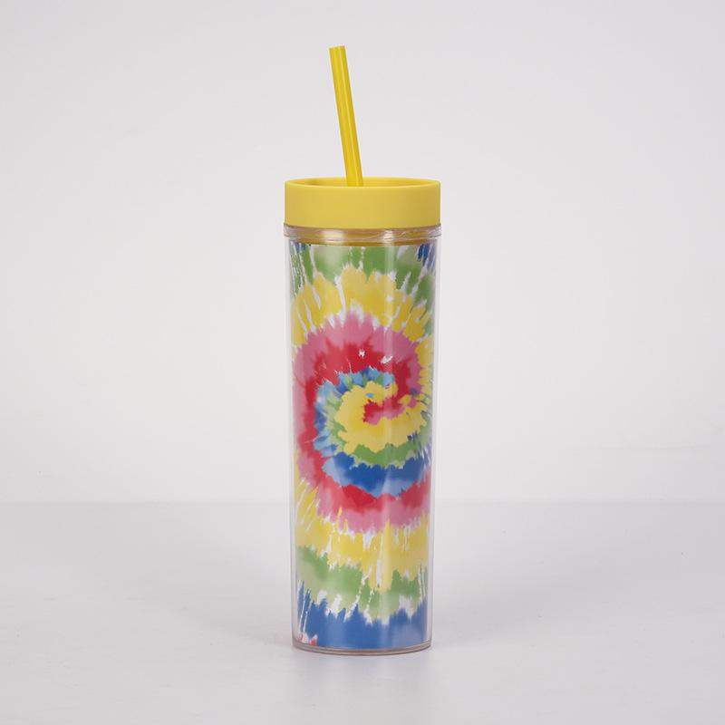 Tie-Dye Straw Cup 24Oz Double-Layer Plastic Water Cup Can Be Customized Creative Paper Card Diy