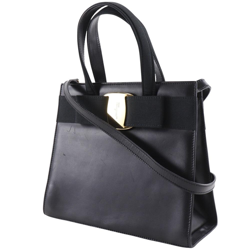 Salvatore Ferragamo Vara Ribbon Handbag 2WAYShoulder Black Leather Women Used