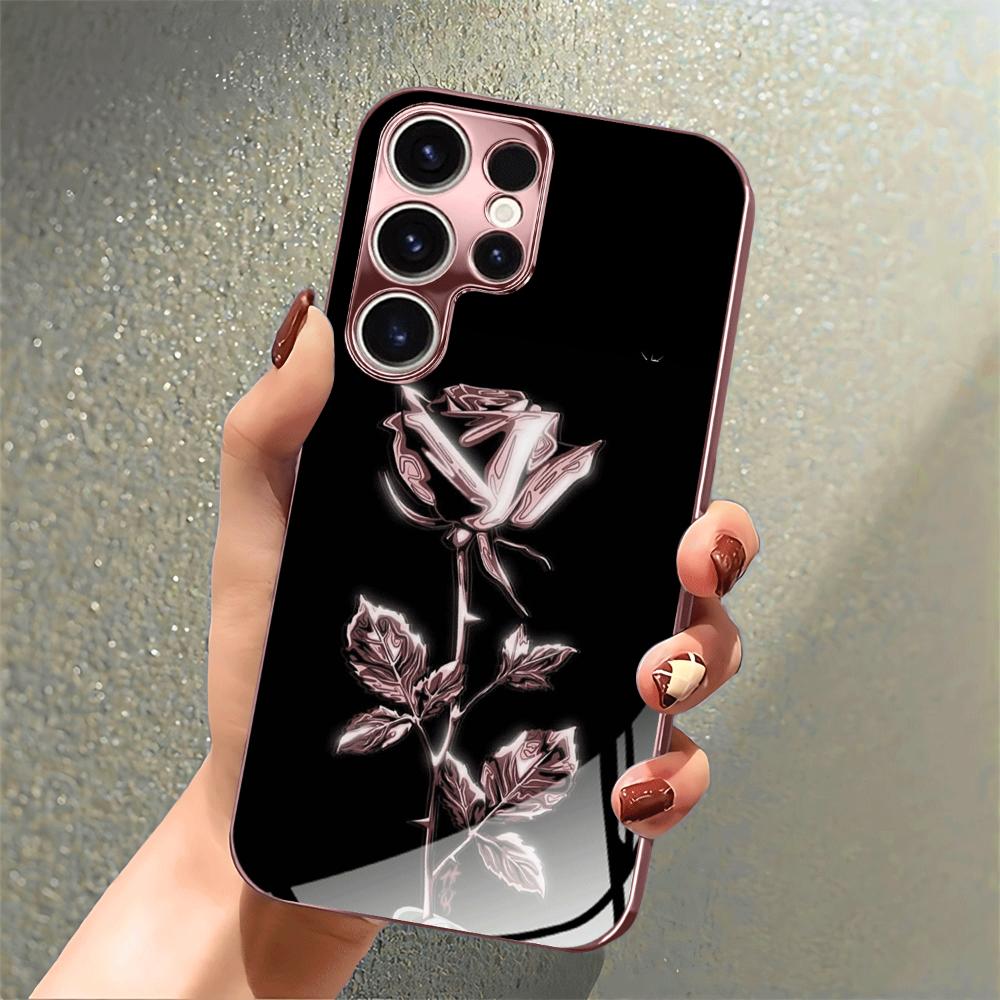 Rosa Rosen-Design Glas-Handyhülle geeignet für Samsung Galaxy S26 S25 S24 S23 S22 S20 FE/Ultra/Plus stoßfeste Rückabdeckung