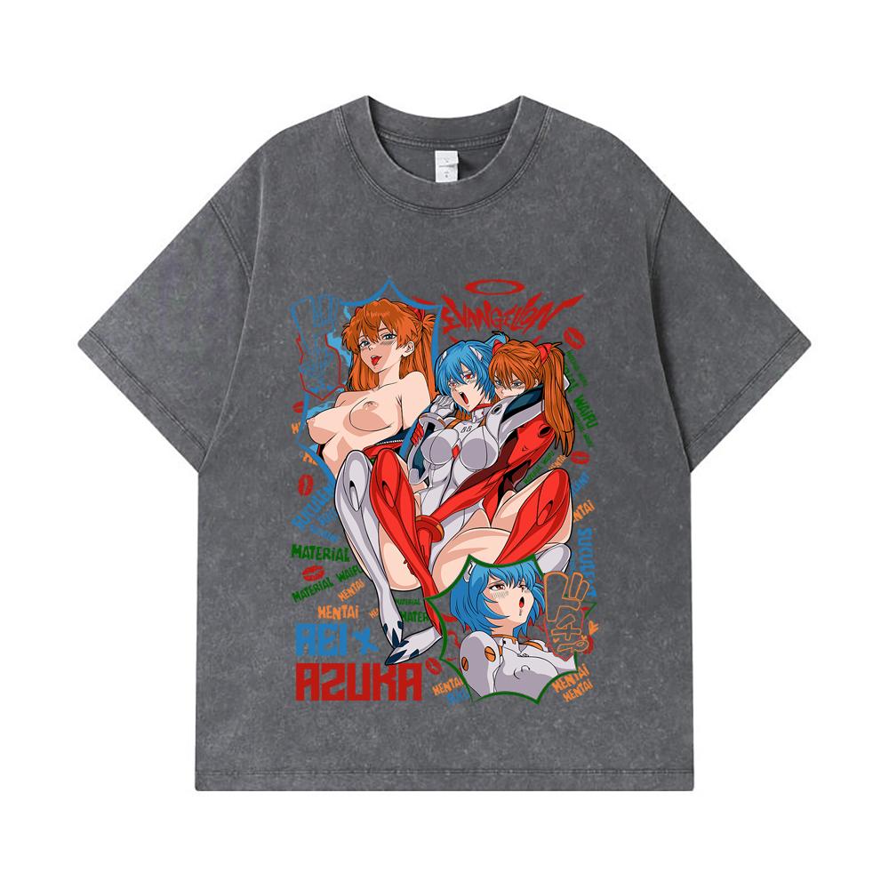 T-shirt Lavate 275 GSM 100% Cotone Evangelion V9 Asuka Rei Stampa Waifu Unisex T-shirt in Cotone Pesante