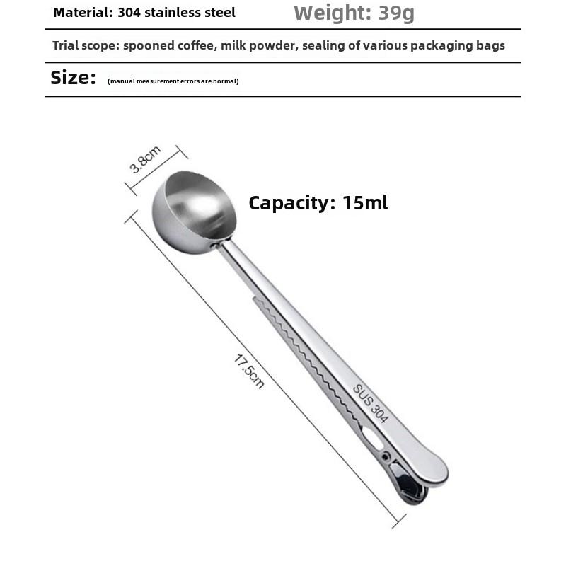 Stainless Steel Coffee Measuring Spoon with Clip, 2-in-1 Kitchen Portable Gadget, Milk Powder Measuring Spoon with Closure Clip