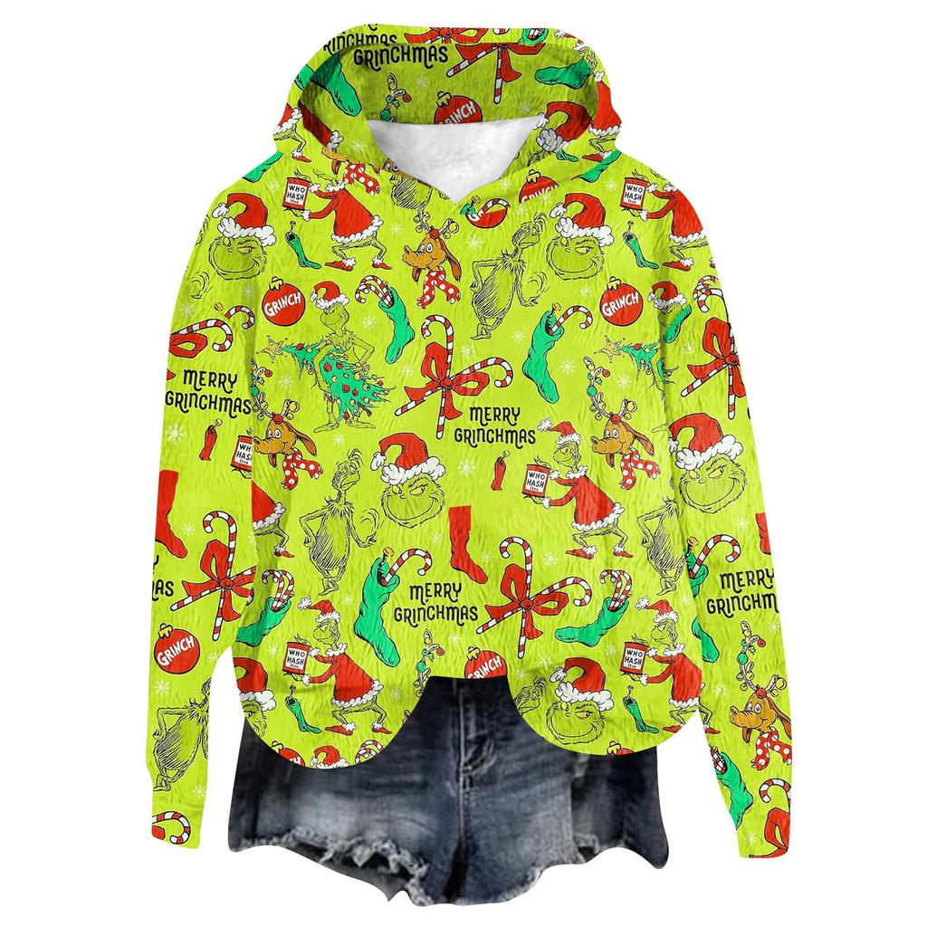 Women's Hooded Long Sleeve Christmas Printed Flannel Top Hooded Sweatshirt