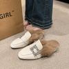2024 Women's Brand Design Crystal Buckle Party Slippers Luxurious Rabbit Fur Mules Women's Square Toe Thick Heel Slippers