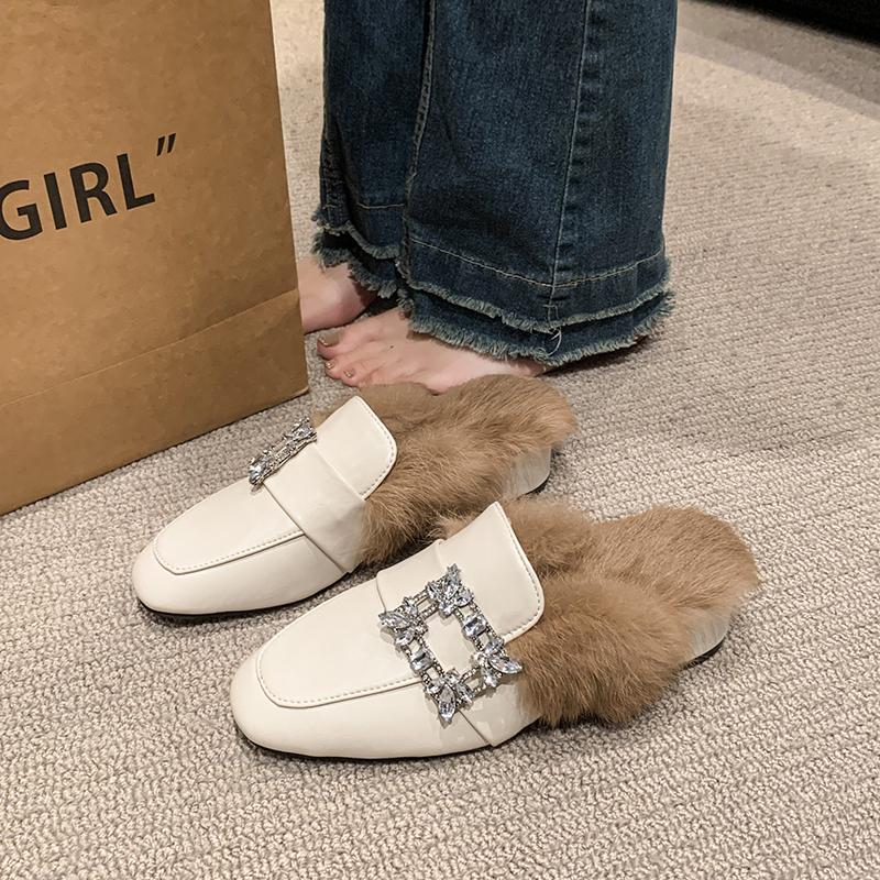 2024 Women's Brand Design Crystal Buckle Party Slippers Luxurious Rabbit Fur Mules Women's Square Toe Thick Heel Slippers