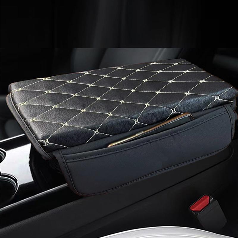 Car Armrest Pad Thicken Memory PU Leather Quilted Foam Center Console Box Cover Elbow Rest Protect Cushion With Storage Pocket