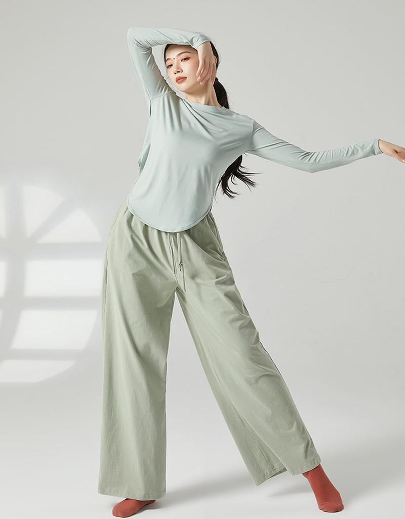 Yuoku Long Sleeve Ballet Practice Stretch Blouse with Slit and Round Perfect for Classical and Ballroom and Refreshing Solid Color Women's T-Shirt,