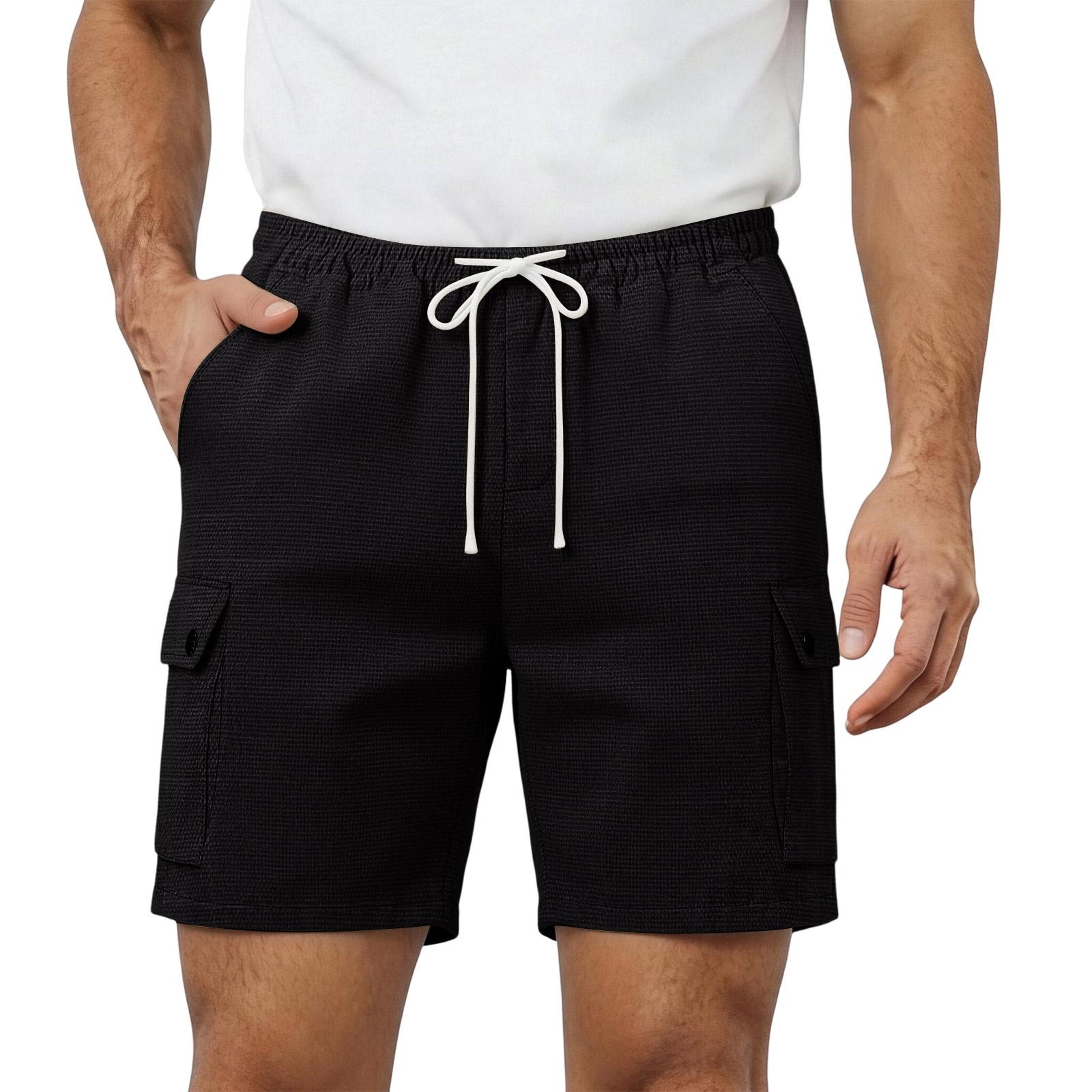 

Men s Multi Pocket Cargo Shorts Lightweight Breathable Summer Beach Casual Shorts with Elastic Waistband and Drawstring for Outdoor Activities L чёрный