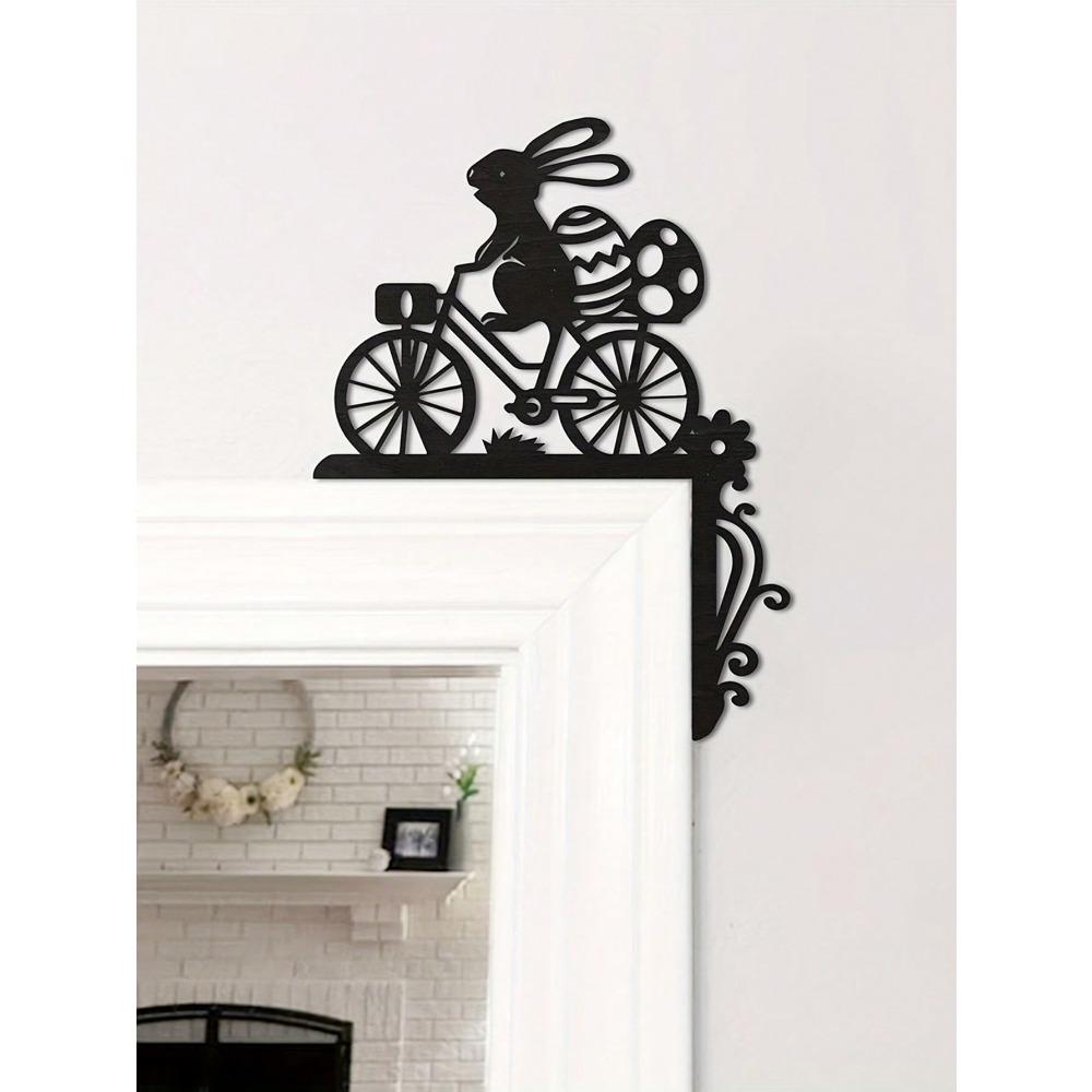 Easter Bunny On Bicycle Wooden Door Frame Decoration, Black - Suitable For Door And Window Corners, 5 Styles Available, 1 Pc