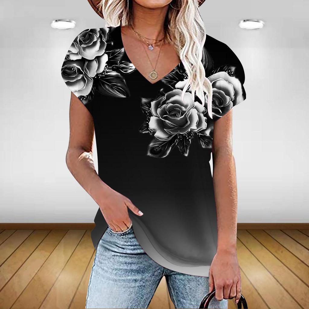 Women's Fashion Floral Graphics T Shirt Aesthetic Plants V Neck Summer Basic Tops 3d Print Oversized Pullover Female Clothing