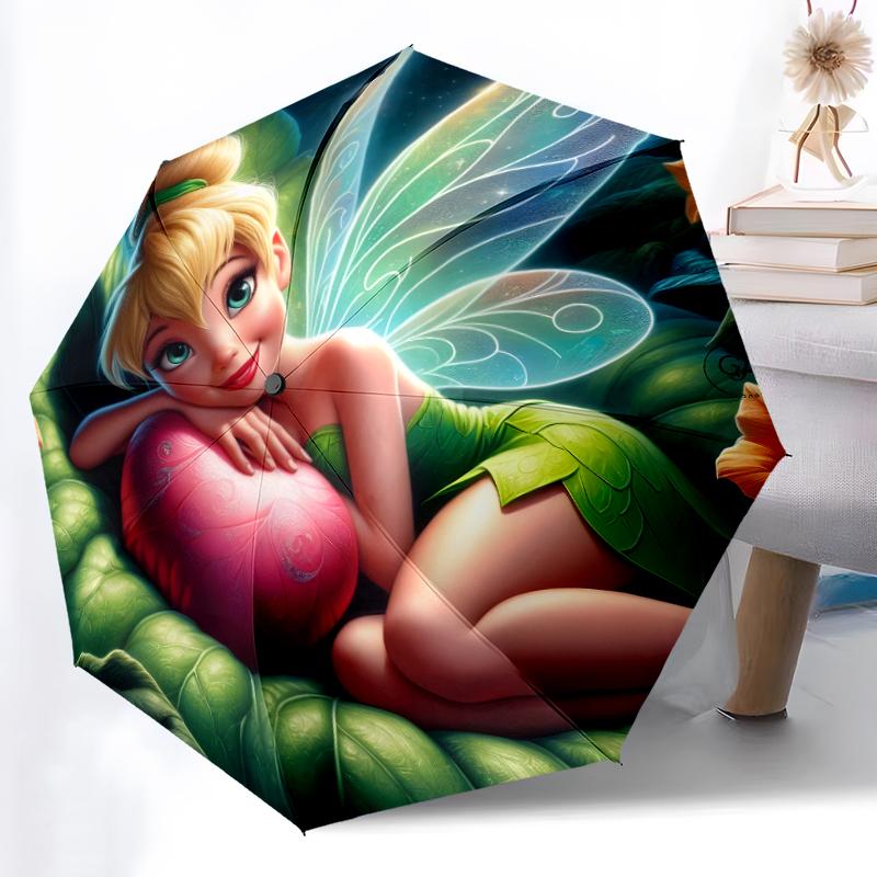 1 Stück Stabiler Automatikschirm mit 8 Speichen, Tinkerbell Pastellgrüner Blumensschirm mit Flügeln, Digitaldruck, Faltbarer Schirm für unterwegs im Freien