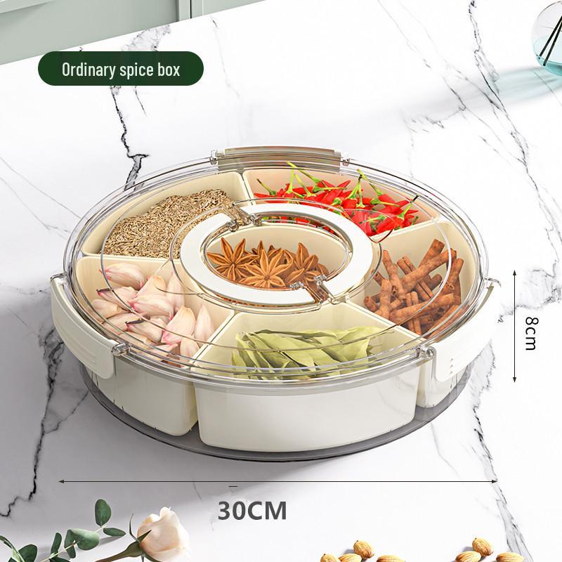 Six-Compartment Rotating Fruit Plate with Handle, Moisture-Proof Lid, Dried Fruit & Spice Box, Round Snack Container