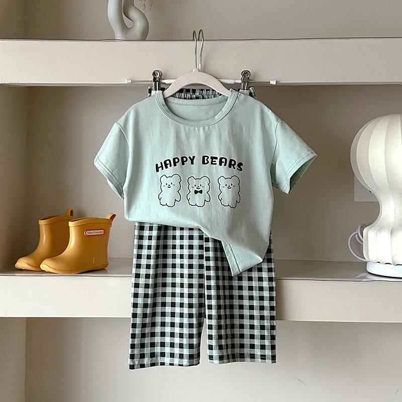 Fioletowe piżamy dla dziewcząt 3 do 12 lat Vintage Plaid Summer Pyjama Boy Pijama Cotton Short Sleeve Tops + Pants Ubrania