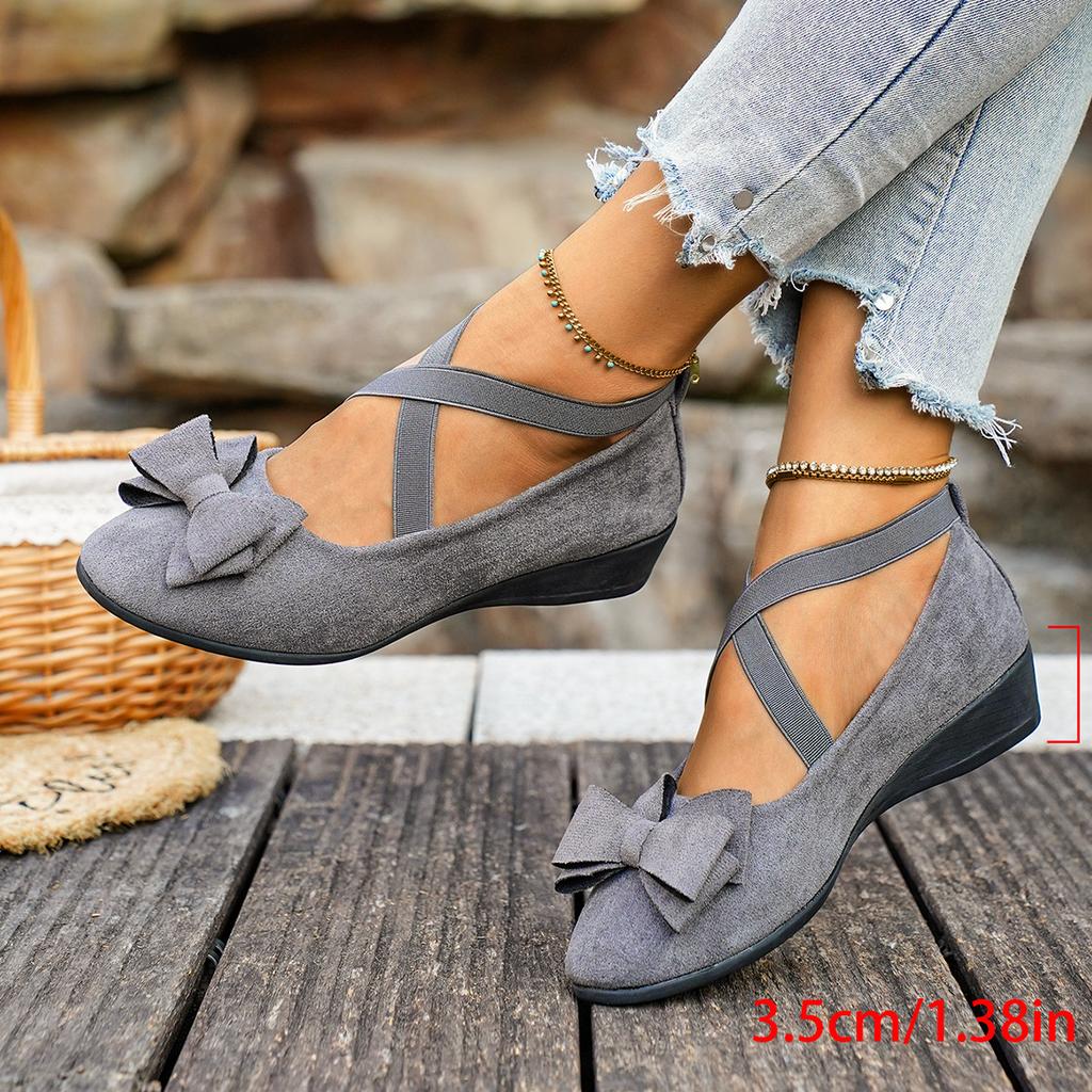 2025 New Fashion Suede Bow Cross Elastic Band Wedge Heel Large Size Single Shoes Women's Breathable Versatile